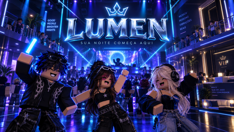 Capa oficial de LUMEN, com um ambiente social iluminado em azul e violeta