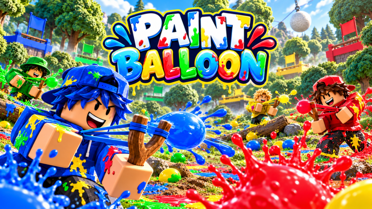 Capa oficial de Paint Balloon, com personagens em uma batalha de balões coloridos