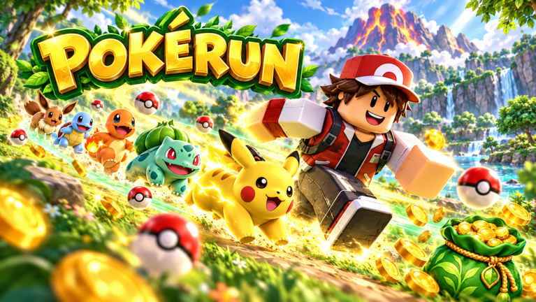 Capa oficial de PokéRUN, com um treinador e criaturas correndo em uma paisagem tropical